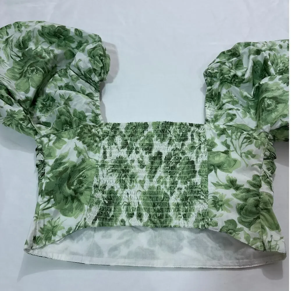 Abercrombie & Fitch Womens M Puff Sleeve Poplin Squareneck Top Green Floral